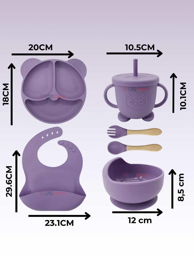 Set De Alimentación Bebé Silicona De Oso 6 Piezas Libre BPA Lila-1