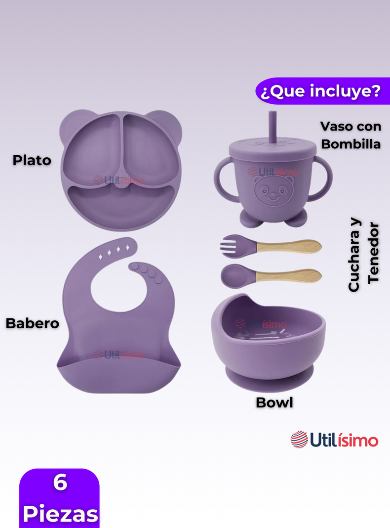 Set De Alimentación Bebé Silicona De Oso 6 Piezas Libre BPA Lila-5