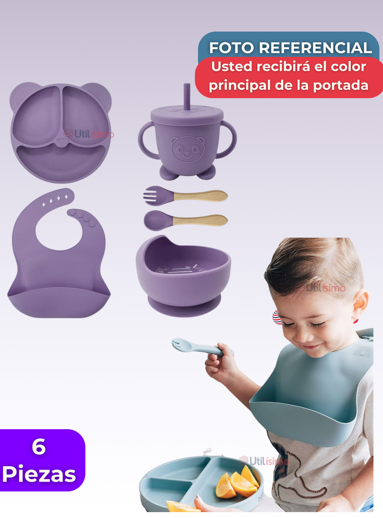 Set De Alimentación Bebé Silicona De Oso 6 Piezas Libre BPA Lila-6