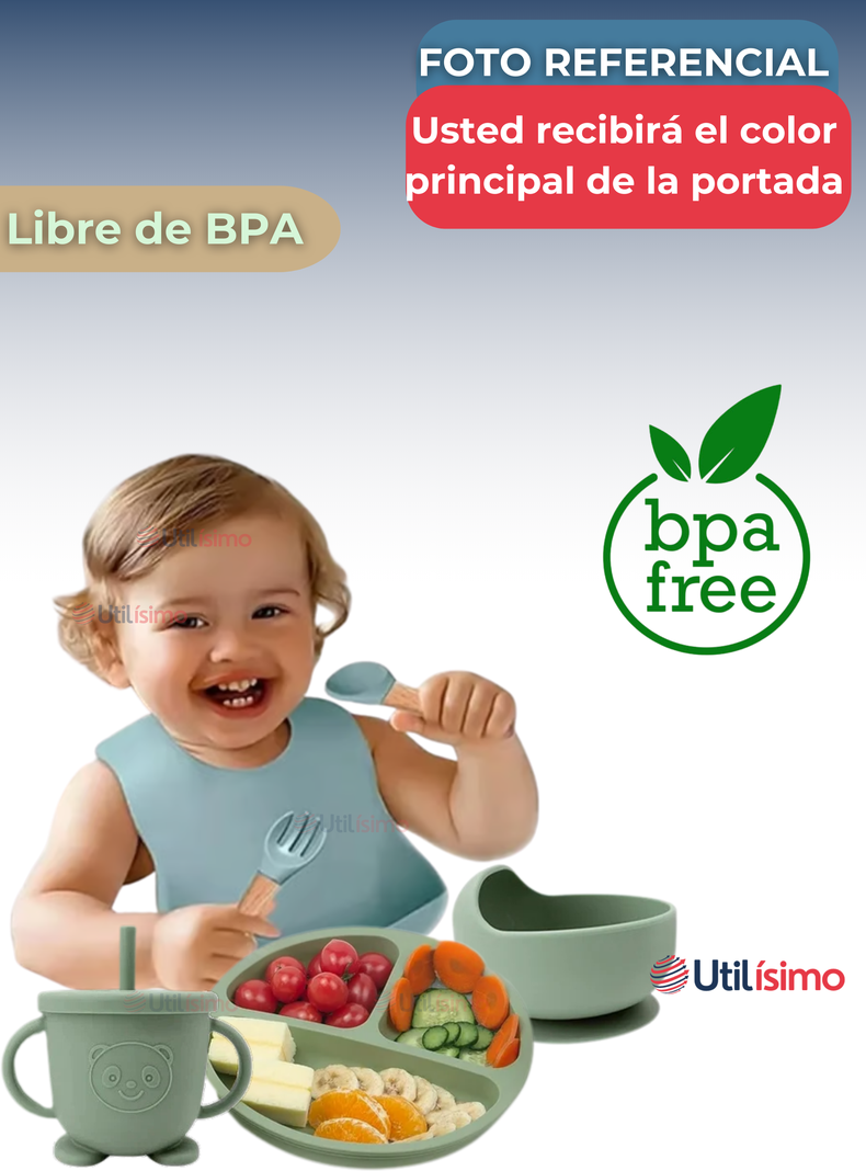 Set De Alimentación Bebé Silicona 6 Piezas Libre BPA Azul-2
