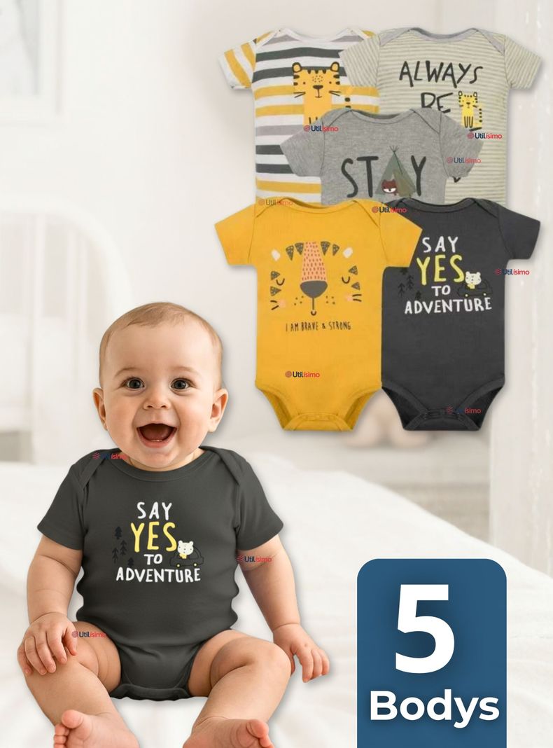 Pack 5 Bodys Nino Manga Corta Tedmimak 100% Algodon Baby Tiger Surtido 3 A 6 Meses
