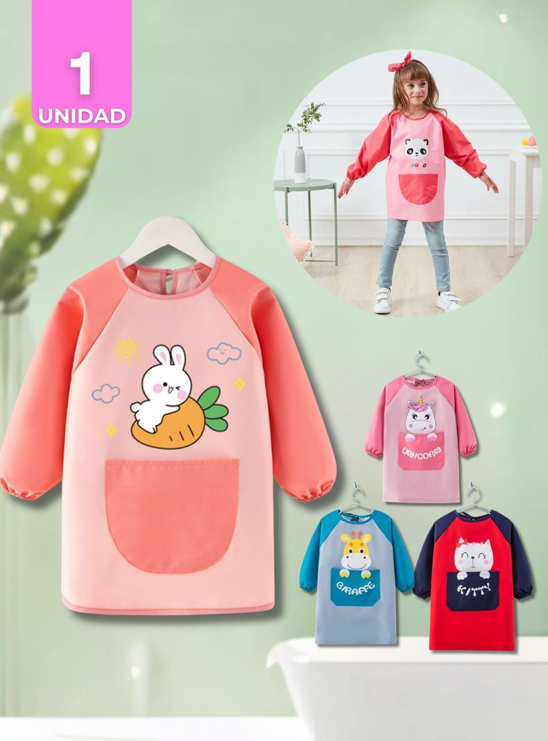 Delantal Infantil Niña Manga Larga Con Bolsillo Colores Surtidos-0
