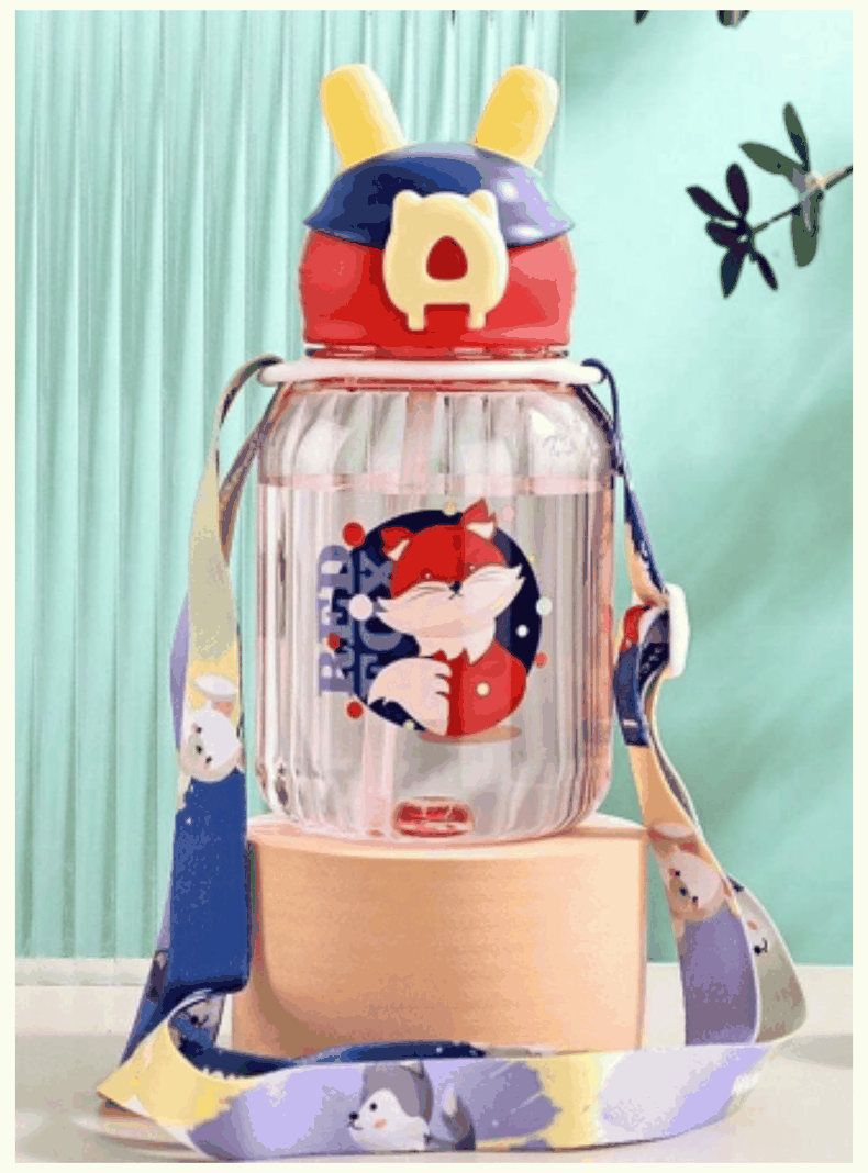 Botella Plástica 600ML Con Bombilla y Correa Kawai Sin BPA Niños Red Fox-0