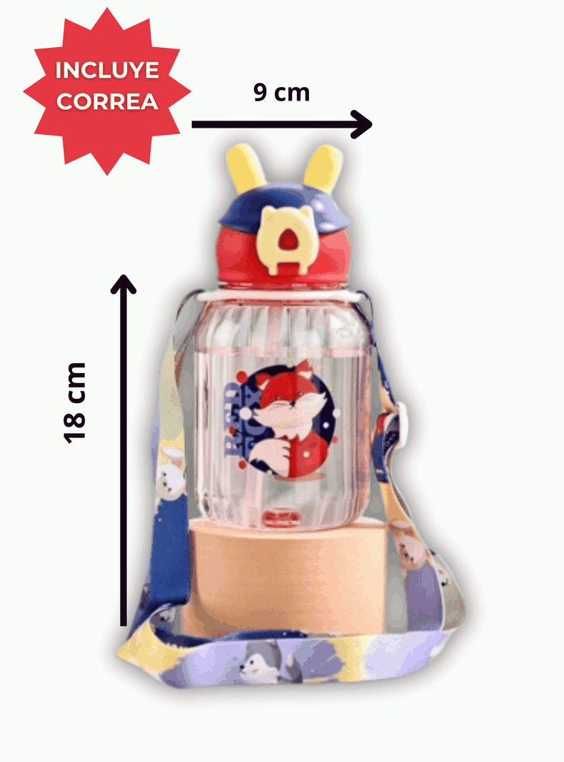 Botella Plástica 600ML Con Bombilla y Correa Kawai Sin BPA Niños Red Fox-1