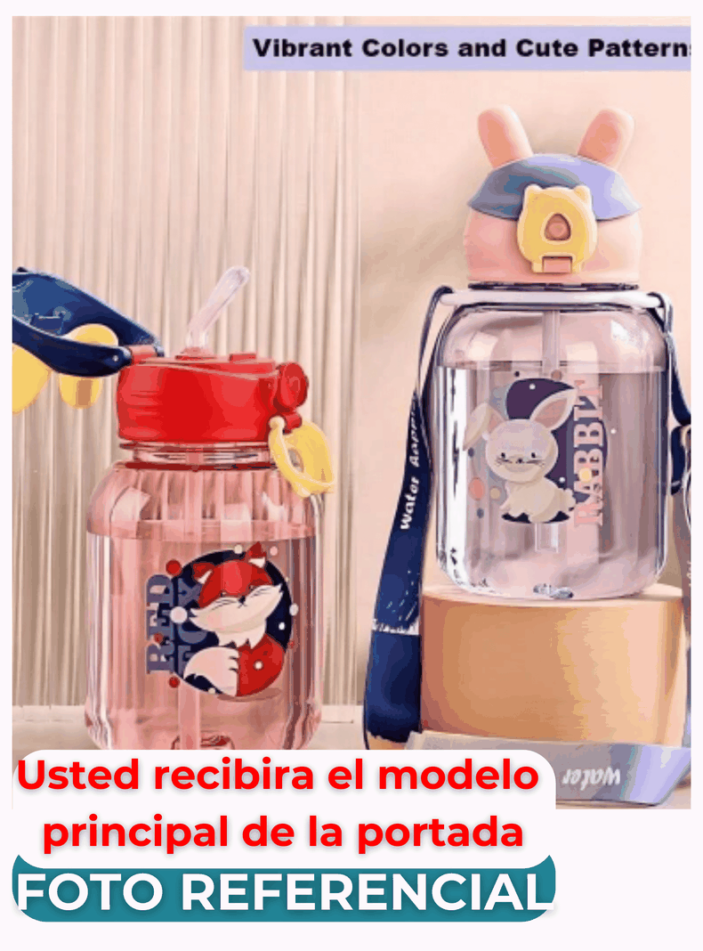 Botella Plástica 600ML Con Bombilla y Correa Kawai Sin BPA Niños Red Fox-2