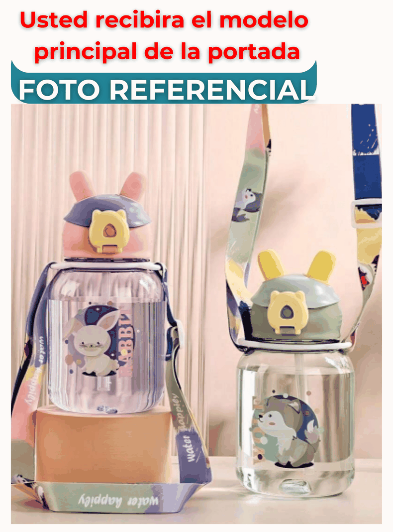 Botella Plástica 600ML Con Bombilla y Correa Kawai Sin BPA Niños Red Fox-3