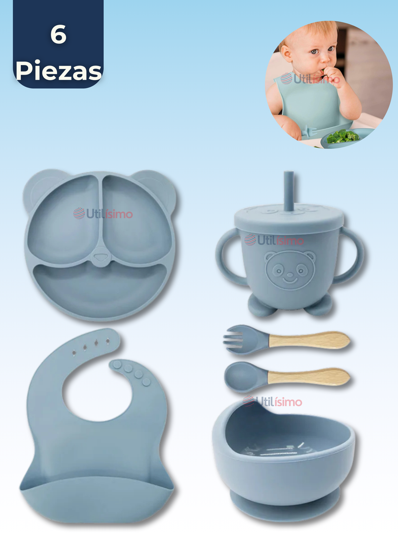 Set De Alimentación Bebé Silicona De Oso 6 Piezas Libre BPA Celeste-0