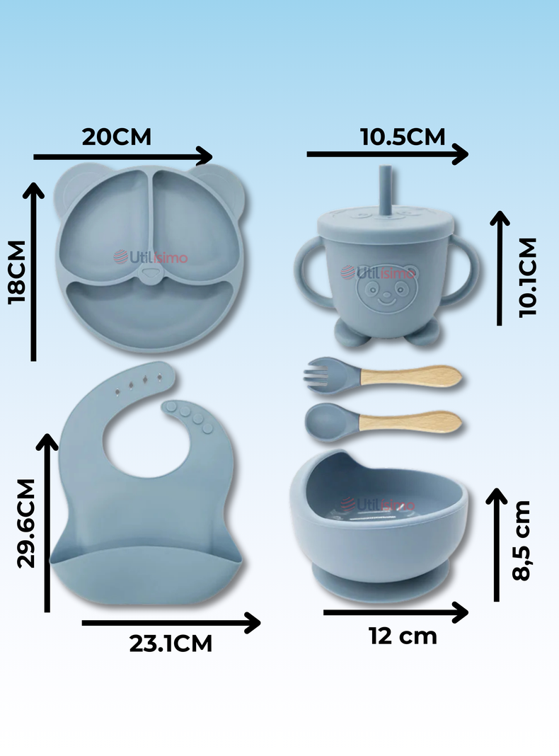 Set De Alimentación Bebé Silicona De Oso 6 Piezas Libre BPA Celeste-1