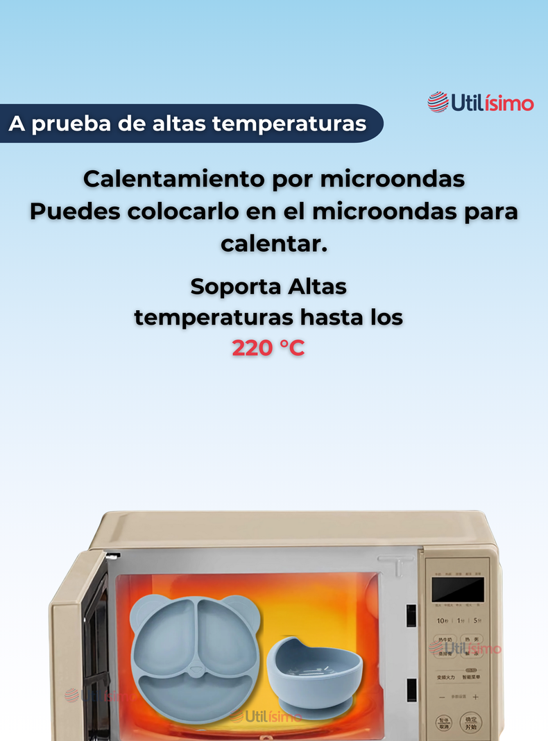 Set De Alimentación Bebé Silicona De Oso 6 Piezas Libre BPA Celeste-2