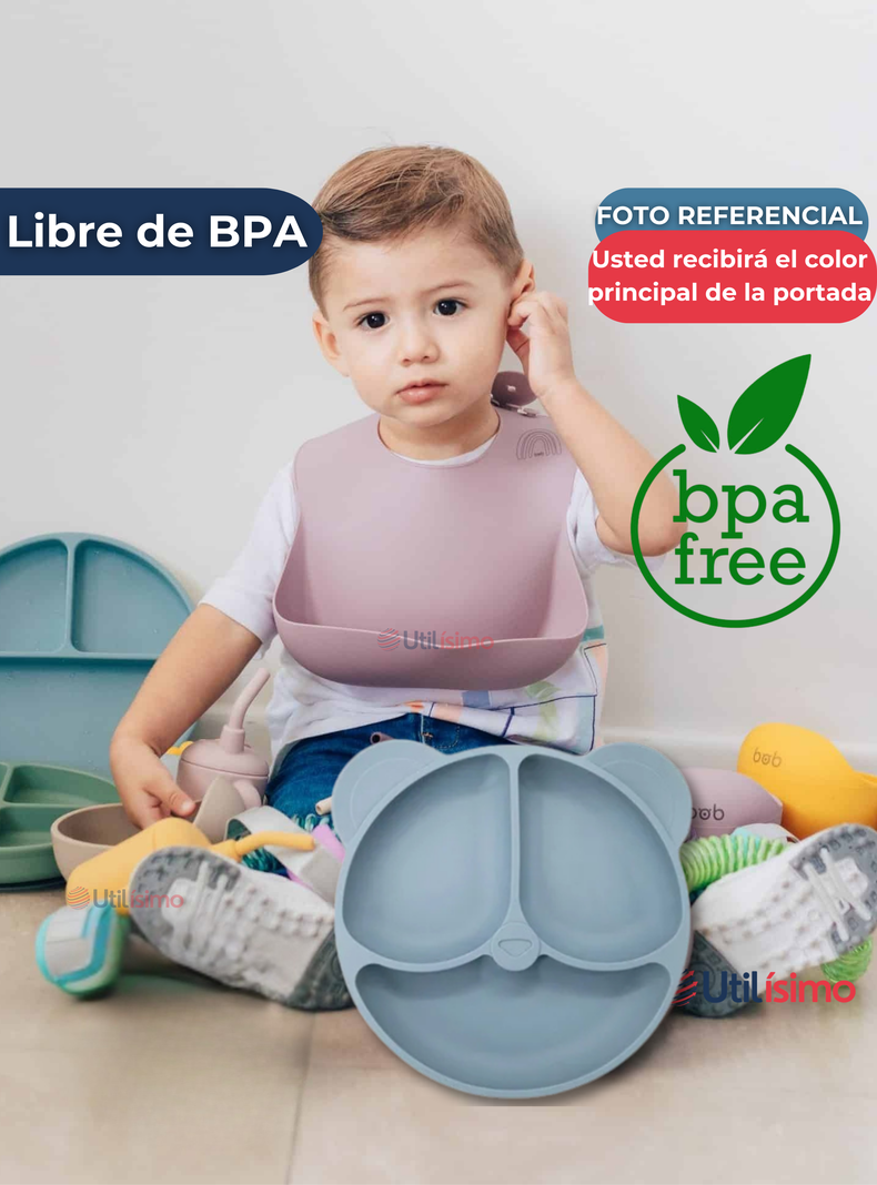Set De Alimentación Bebé Silicona De Oso 6 Piezas Libre BPA Celeste-3