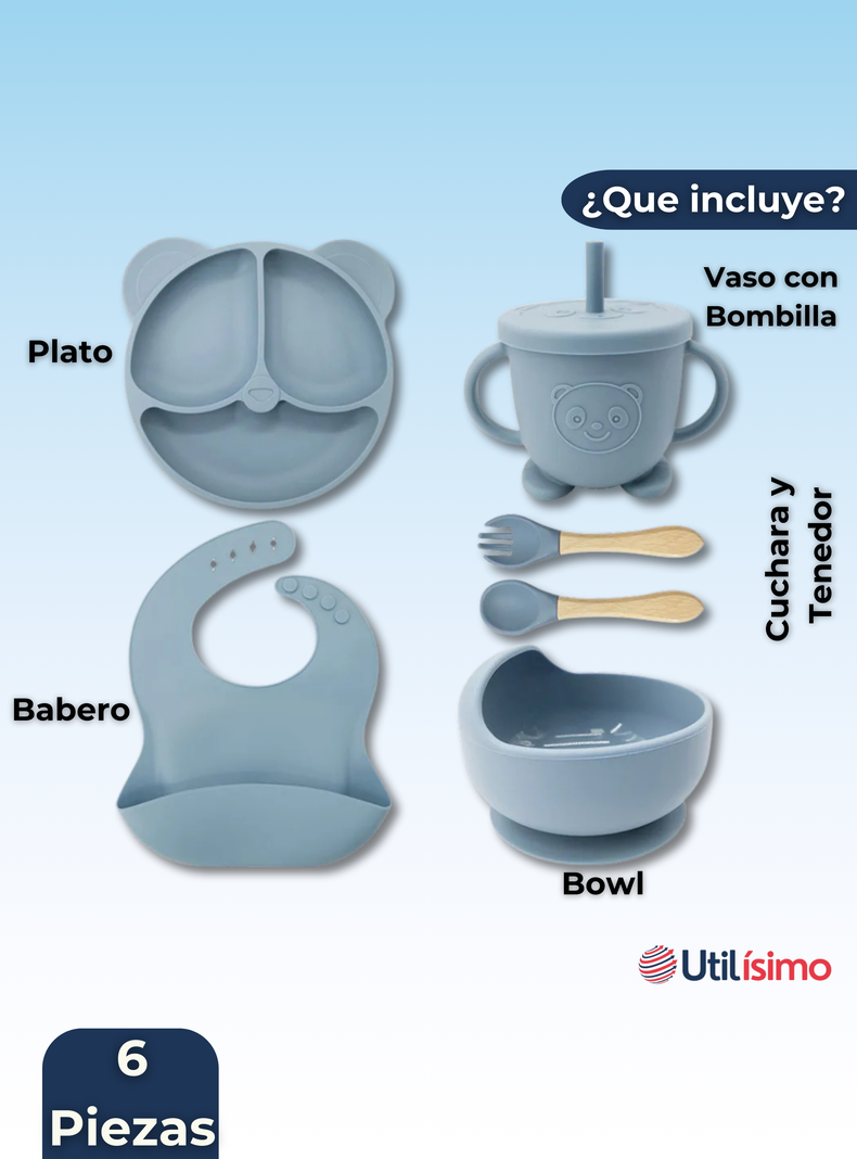 Set De Alimentación Bebé Silicona De Oso 6 Piezas Libre BPA Celeste-5