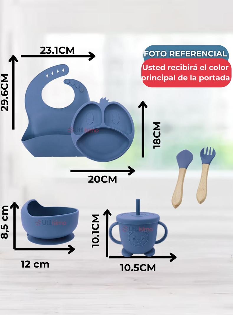 Set De Alimentación Bebé Silicona De Formas 6 Piezas Libre BPA Gris-2