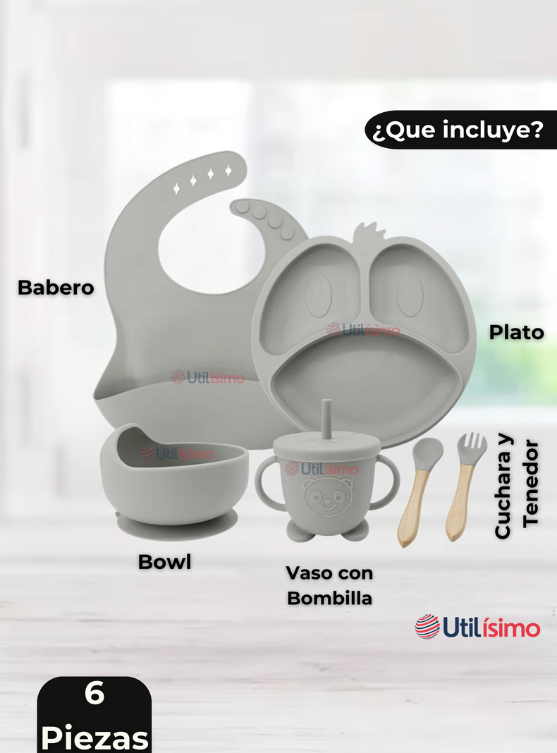 Set De Alimentación Bebé Silicona De Formas 6 Piezas Libre BPA Gris-5