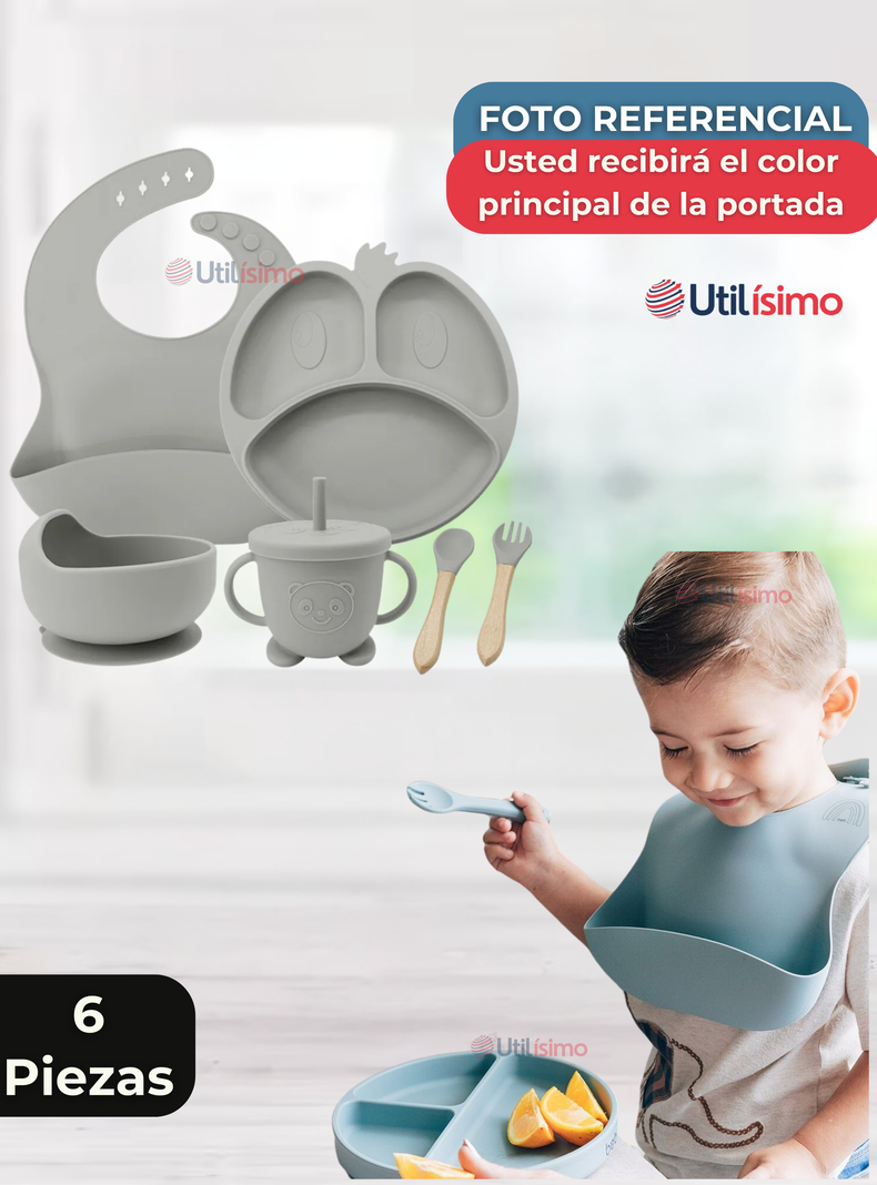 Set De Alimentación Bebé Silicona De Formas 6 Piezas Libre BPA Gris-6