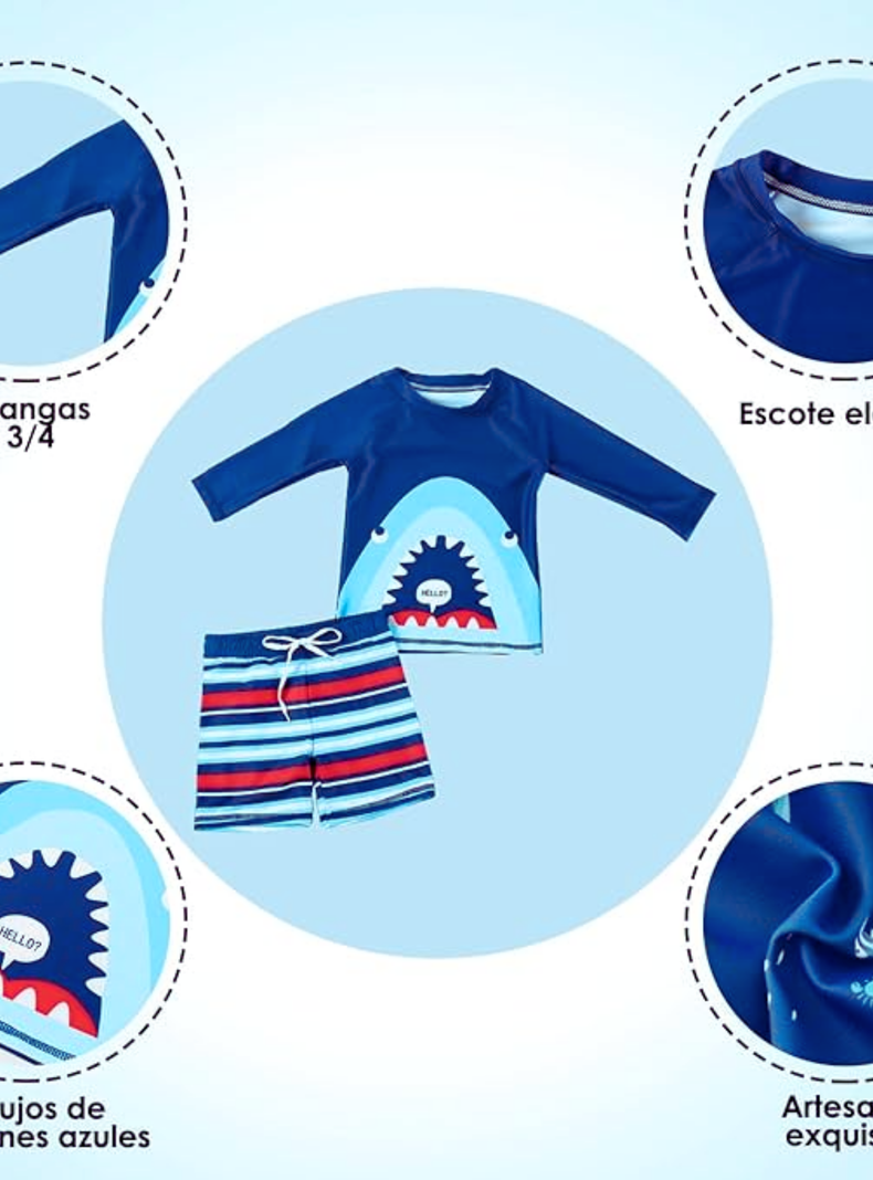 Traje De Baño Manga Larga Niño Jump Kids Azul Tiburón-3