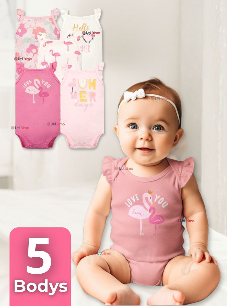 Pack 5 Bodys Nina Sin Manga Tedmimak 100% Algodon Hello princess Surtido 3 A 6 Meses