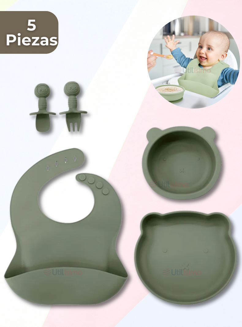 Set De Alimentación Bebé Silicona 5 Piezas De Osito Libre BPA Verde-0