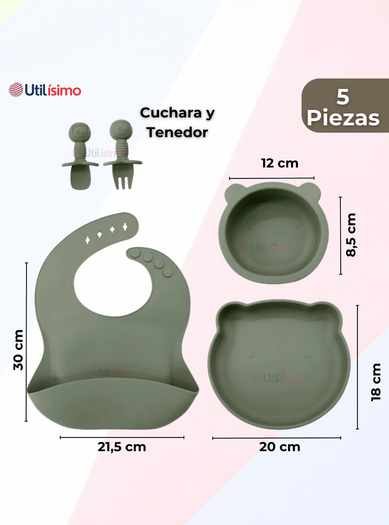 Set De Alimentación Bebé Silicona 5 Piezas De Osito Libre BPA Verde-1