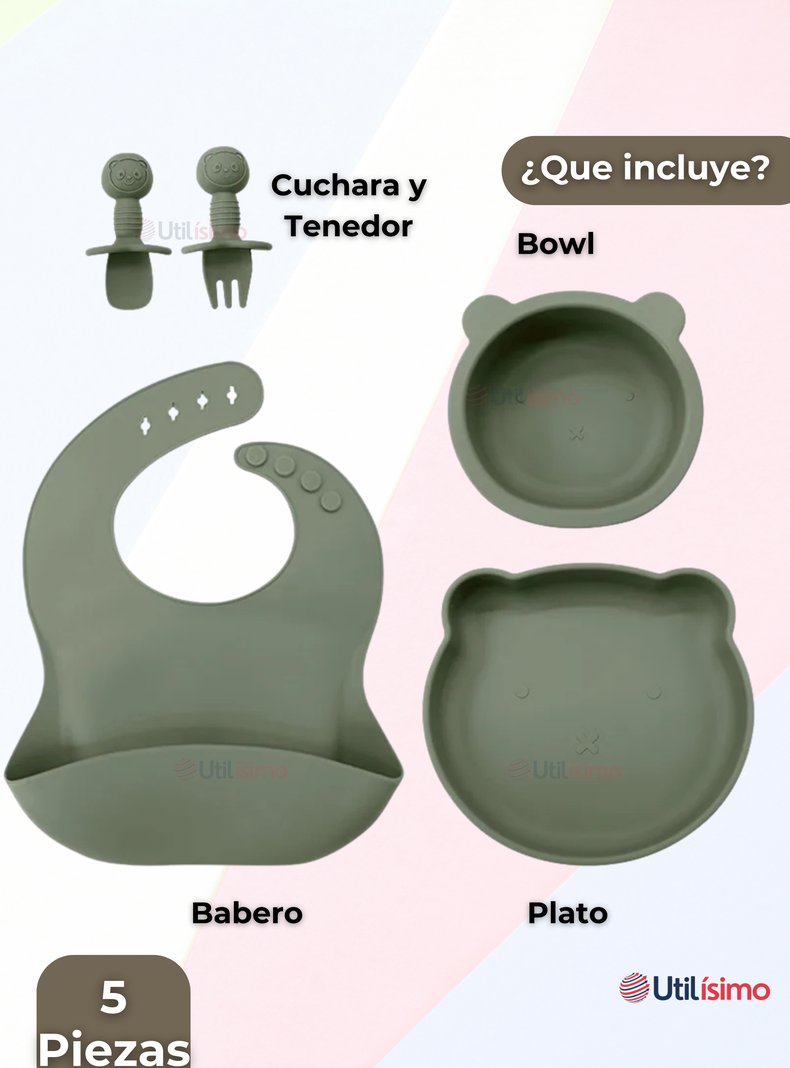 Set De Alimentación Bebé Silicona 5 Piezas De Osito Libre BPA Verde-3