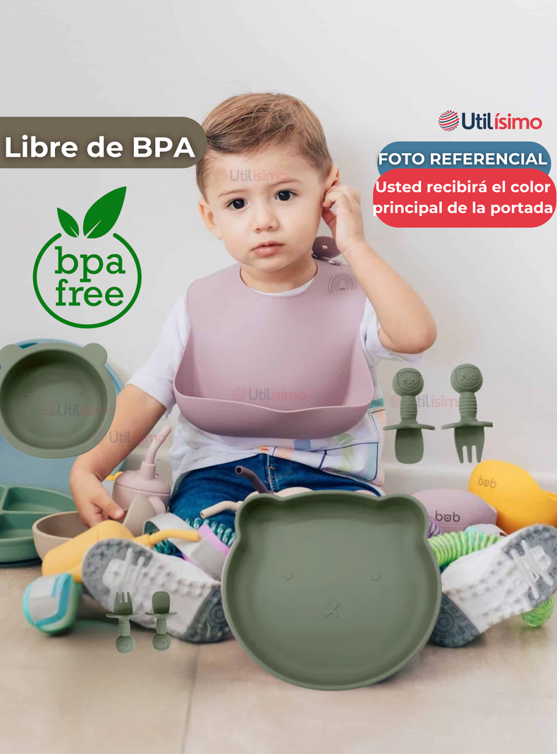 Set De Alimentación Bebé Silicona 5 Piezas De Osito Libre BPA Verde-4