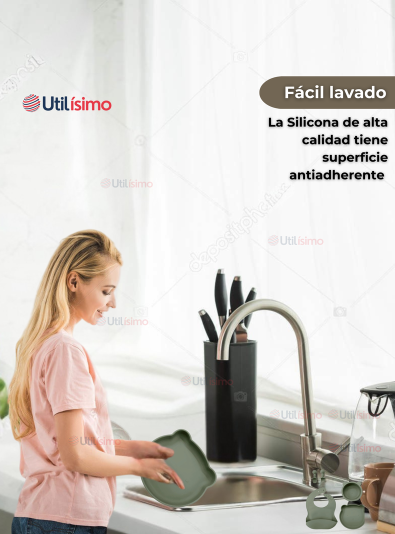 Set De Alimentación Bebé Silicona 5 Piezas De Osito Libre BPA Verde-5