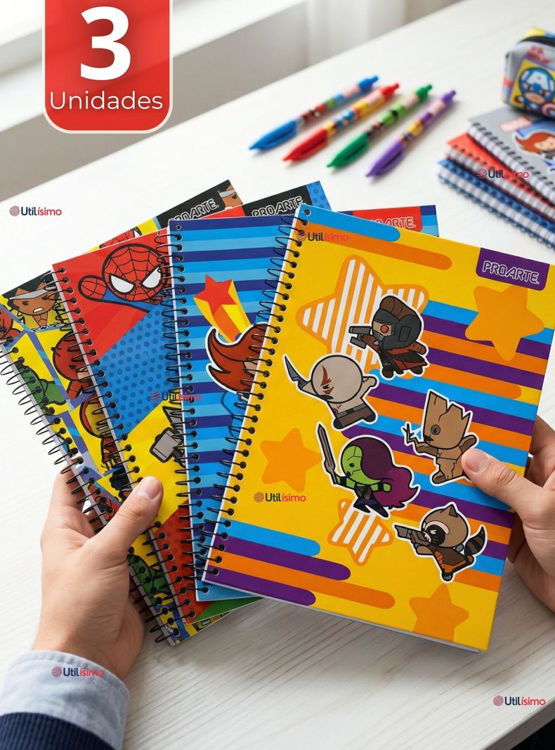 Pack 3 Cuadernos Universitario Marvel Heroes Kawaii 150 Hojas Tapa Gruesa Proarte Disenos Surtidos