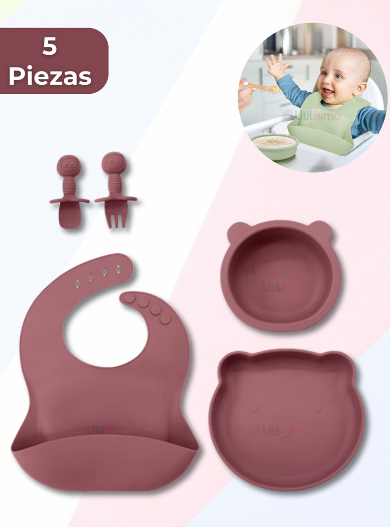 Set De Alimentación Bebé Silicona 5 Piezas De Osito Libre BPA Rosa Oscuro-0