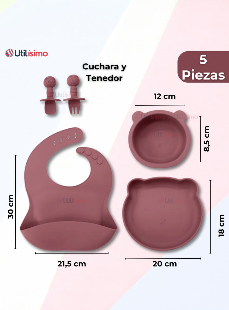 Set De Alimentación Bebé Silicona 5 Piezas De Osito Libre BPA Rosa Oscuro-1