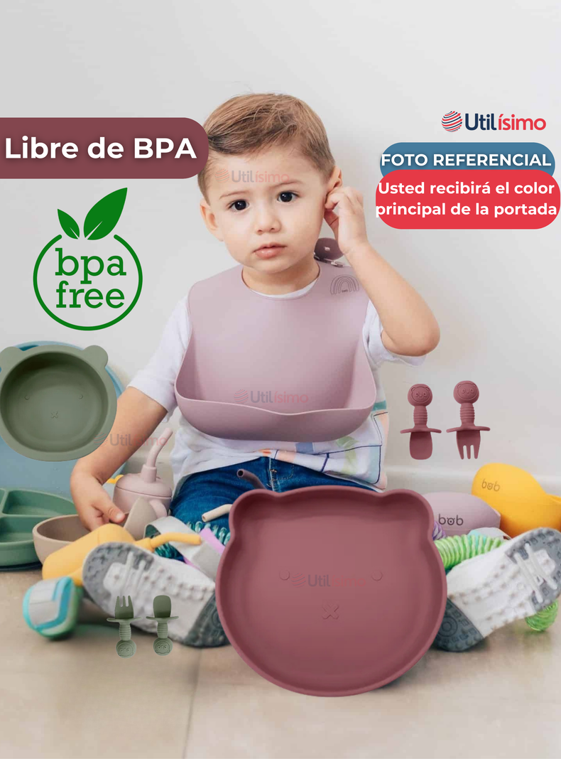 Set De Alimentación Bebé Silicona 5 Piezas De Osito Libre BPA Rosa Oscuro-4