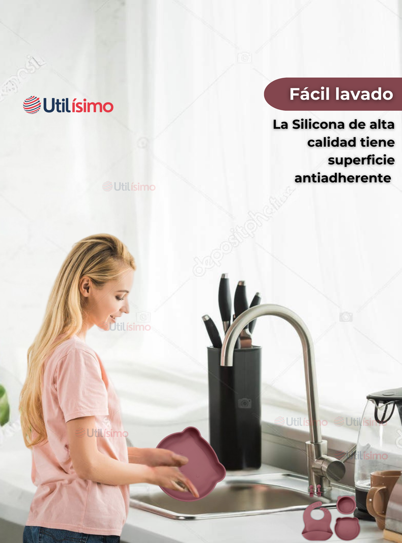 Set De Alimentación Bebé Silicona 5 Piezas De Osito Libre BPA Rosa Oscuro-5