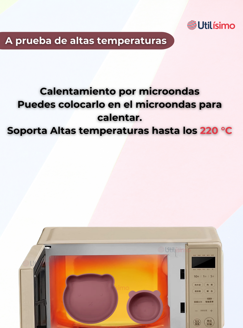 Set De Alimentación Bebé Silicona 5 Piezas De Osito Libre BPA Rosa Oscuro-6