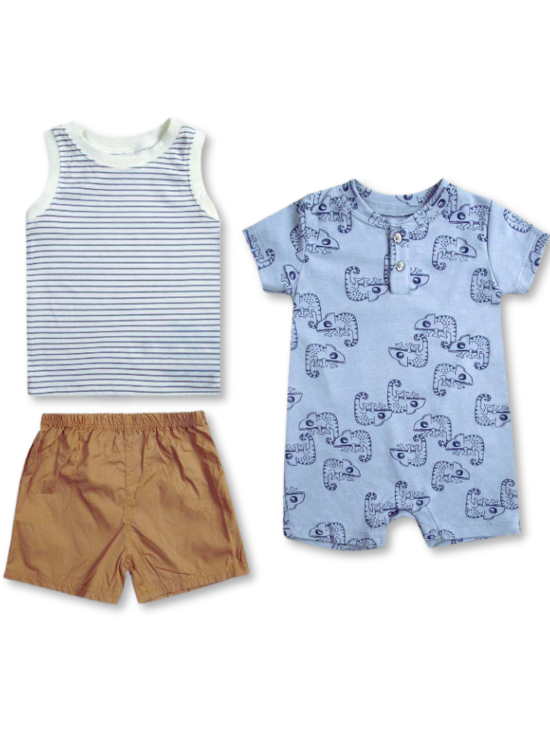 Set 3 Piezas Conjunto con Enterito Bebe Nino Tedmimak 100% Algodon Rayas Azules Azul 9
