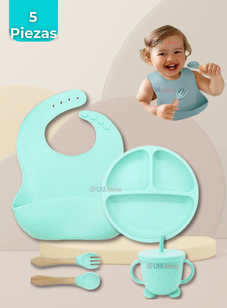 Set De Alimentación Bebé Silicona Con Vaso 5 Piezas Libre BPA Turquesa-0