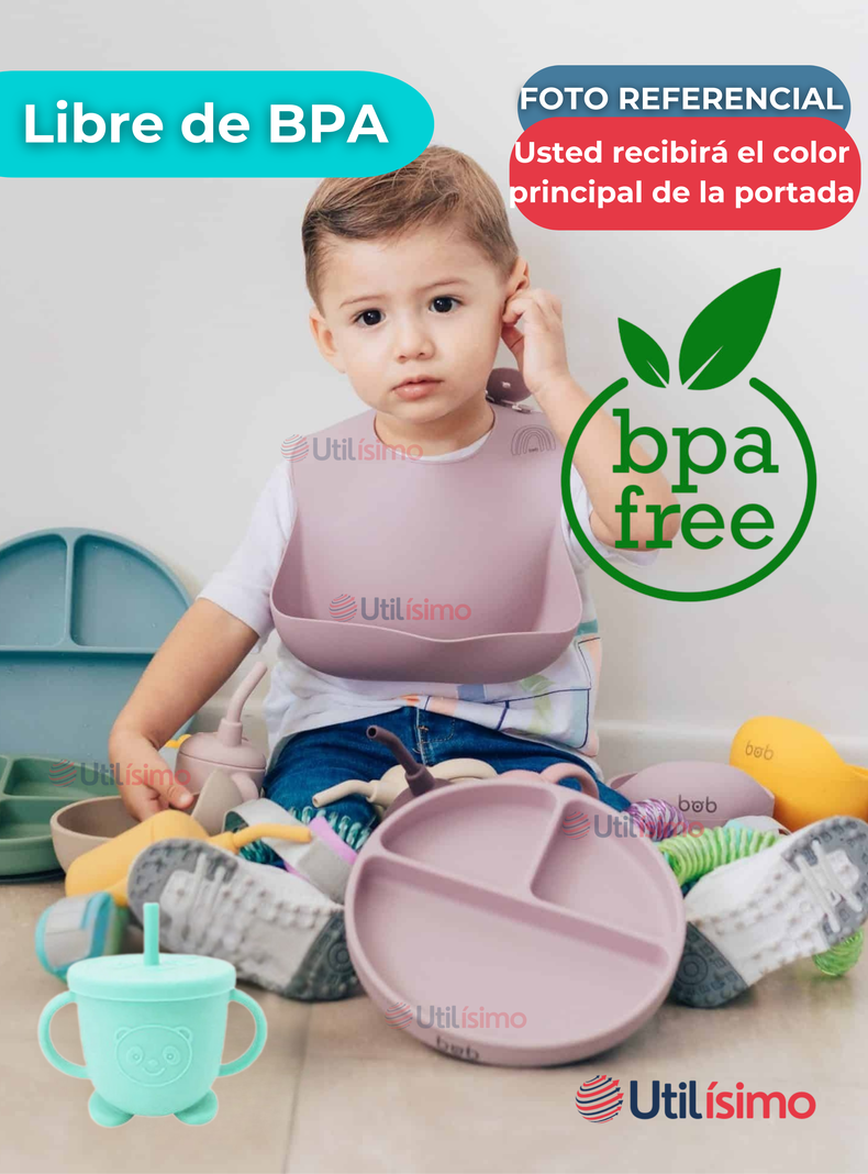 Set De Alimentación Bebé Silicona Con Vaso 5 Piezas Libre BPA Turquesa-3