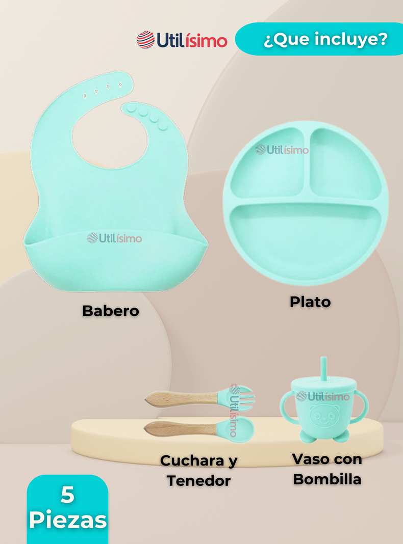 Set De Alimentación Bebé Silicona Con Vaso 5 Piezas Libre BPA Turquesa-5