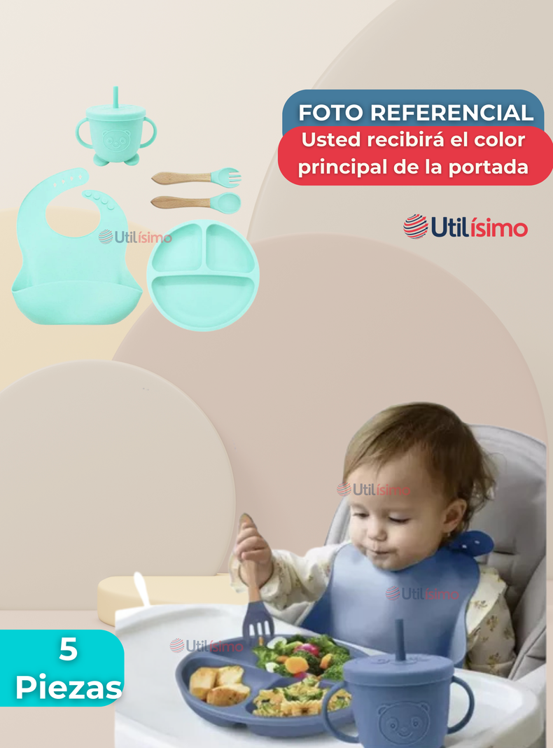 Set De Alimentación Bebé Silicona Con Vaso 5 Piezas Libre BPA Turquesa-6