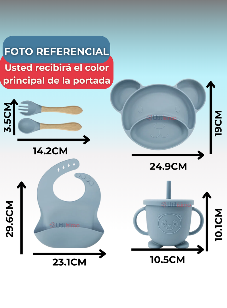 Set De Alimentación Bebé Silicona 6 Piezas Libre BPA Celeste-1