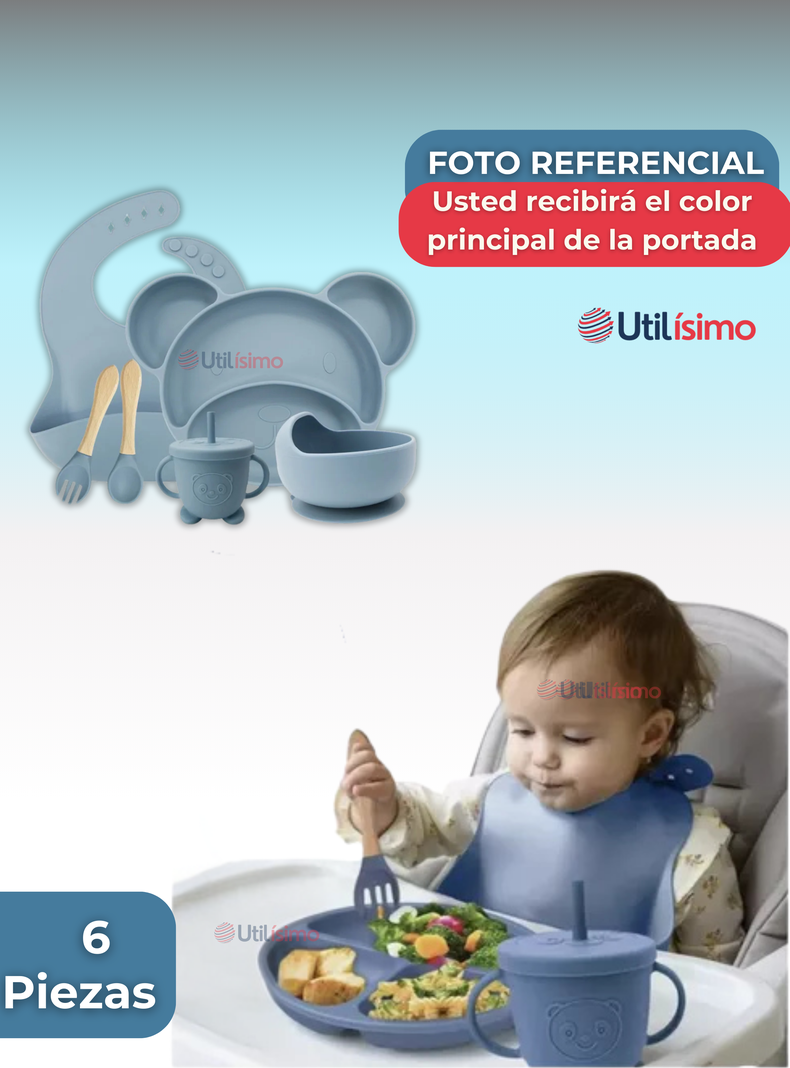 Set De Alimentación Bebé Silicona 6 Piezas Libre BPA Celeste-5