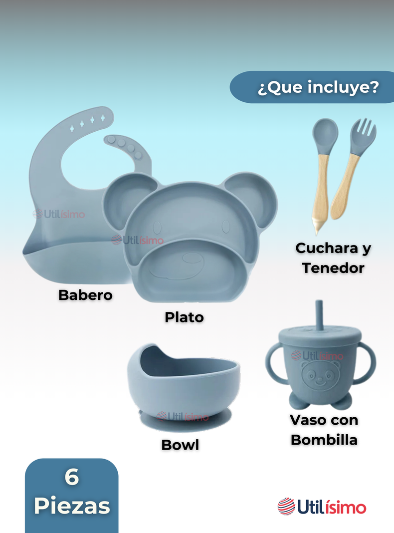 Set De Alimentación Bebé Silicona 6 Piezas Libre BPA Celeste-6