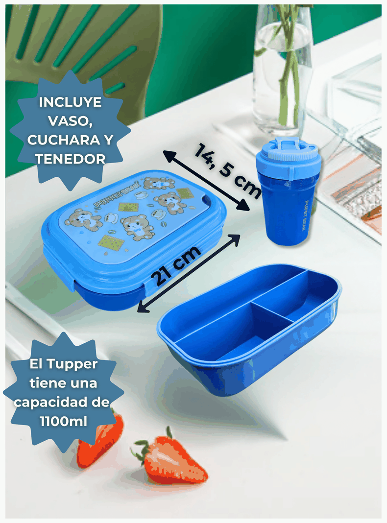 Fiambrera Contenedor 1100 Ml Táper Hermético + Vaso Plástico Infantil Blue-1