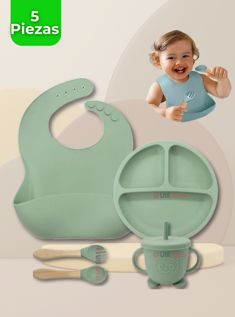 Set De Alimentación Bebé Silicona Con Vaso 5 Piezas Libre BPA Verde-0