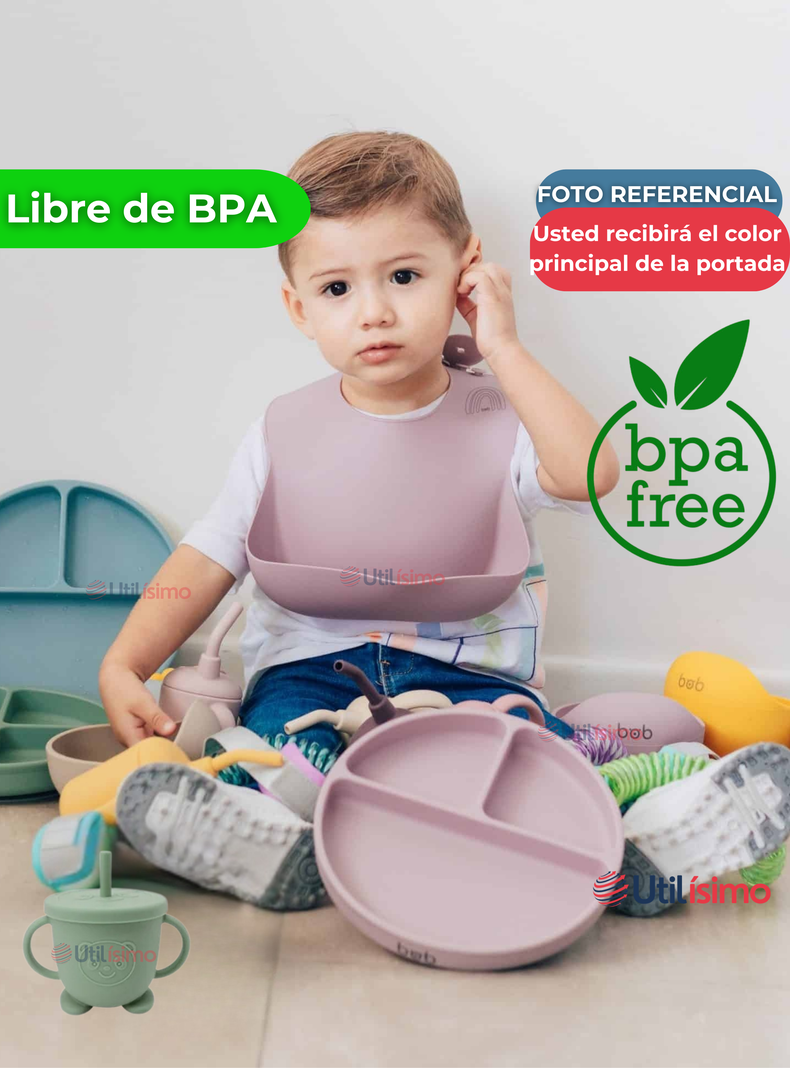 Set De Alimentación Bebé Silicona Con Vaso 5 Piezas Libre BPA Verde-3
