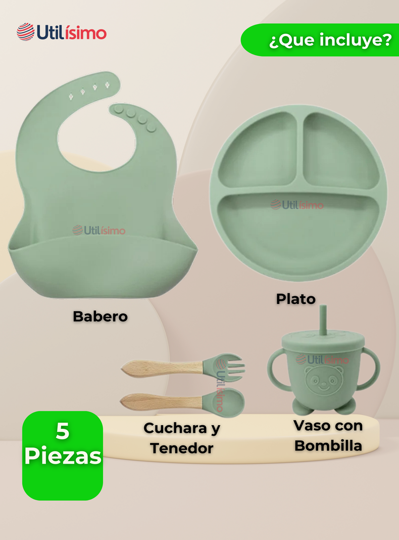 Set De Alimentación Bebé Silicona Con Vaso 5 Piezas Libre BPA Verde-5