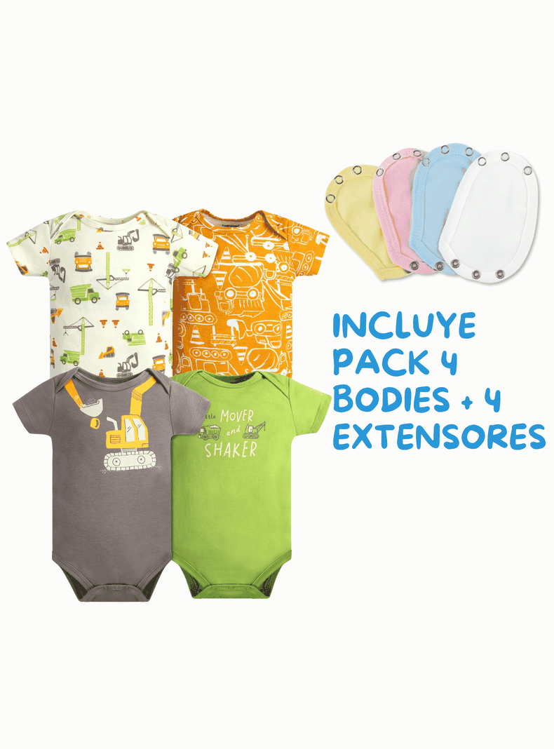 Pack 4 Unidades Extensor Body Bebé +Pack 4 Bodys Algodón Niño Manga Corta Estampado Transporte-1