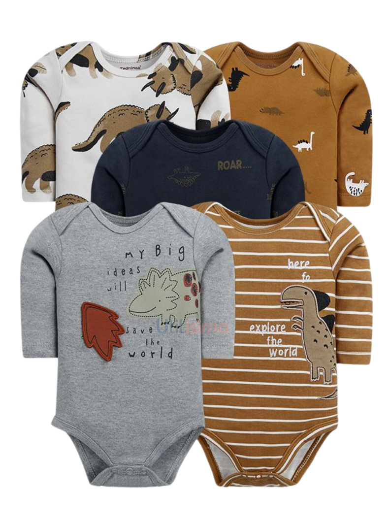 Pack 5 Bodys Tedmimak Nino Manga Larga Dinosaurios 100% Algodon