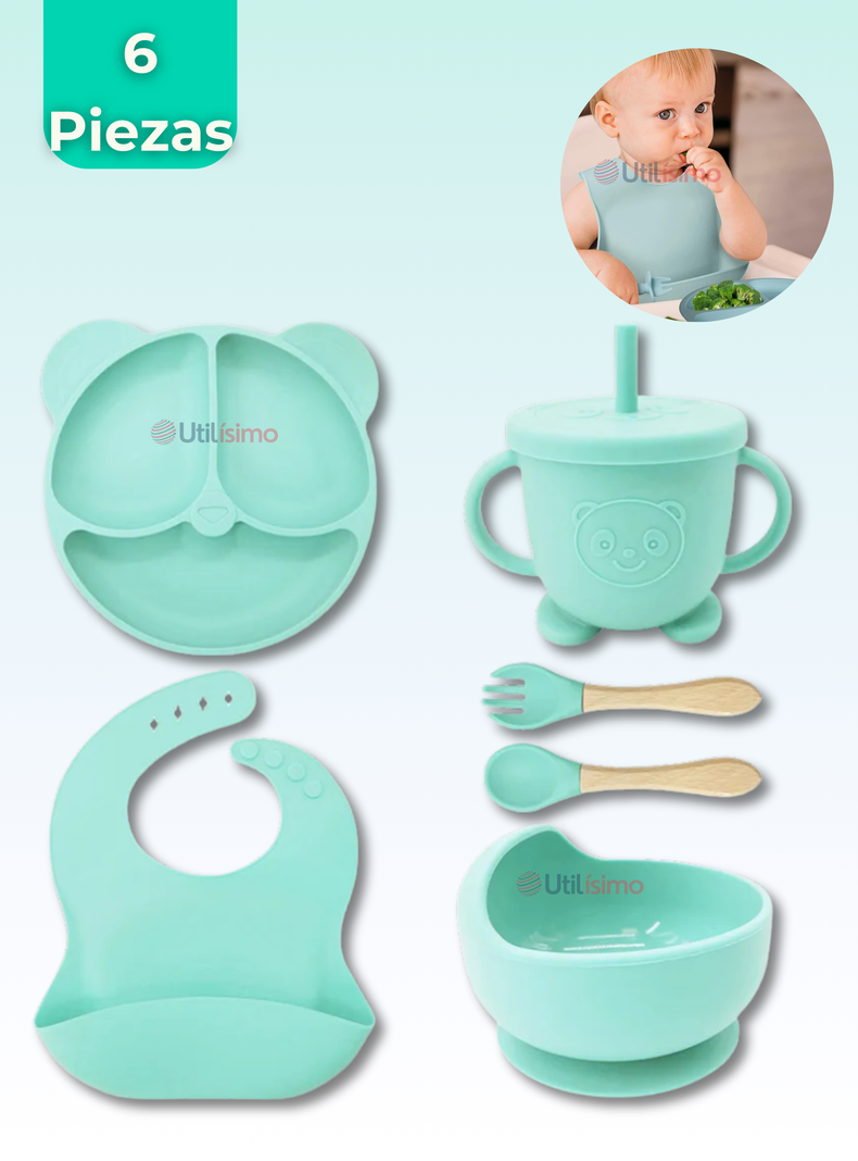 Set De Alimentación Bebé Silicona De Oso 6 Piezas Libre BPA Turquesa-0