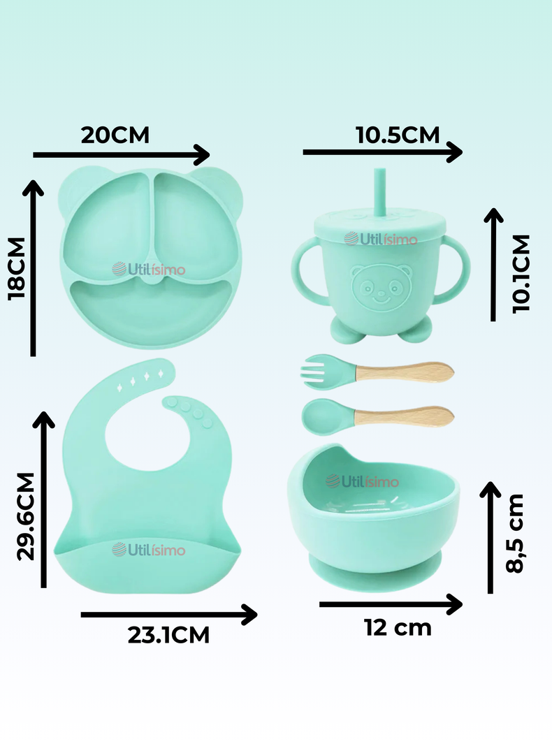 Set De Alimentación Bebé Silicona De Oso 6 Piezas Libre BPA Turquesa-1