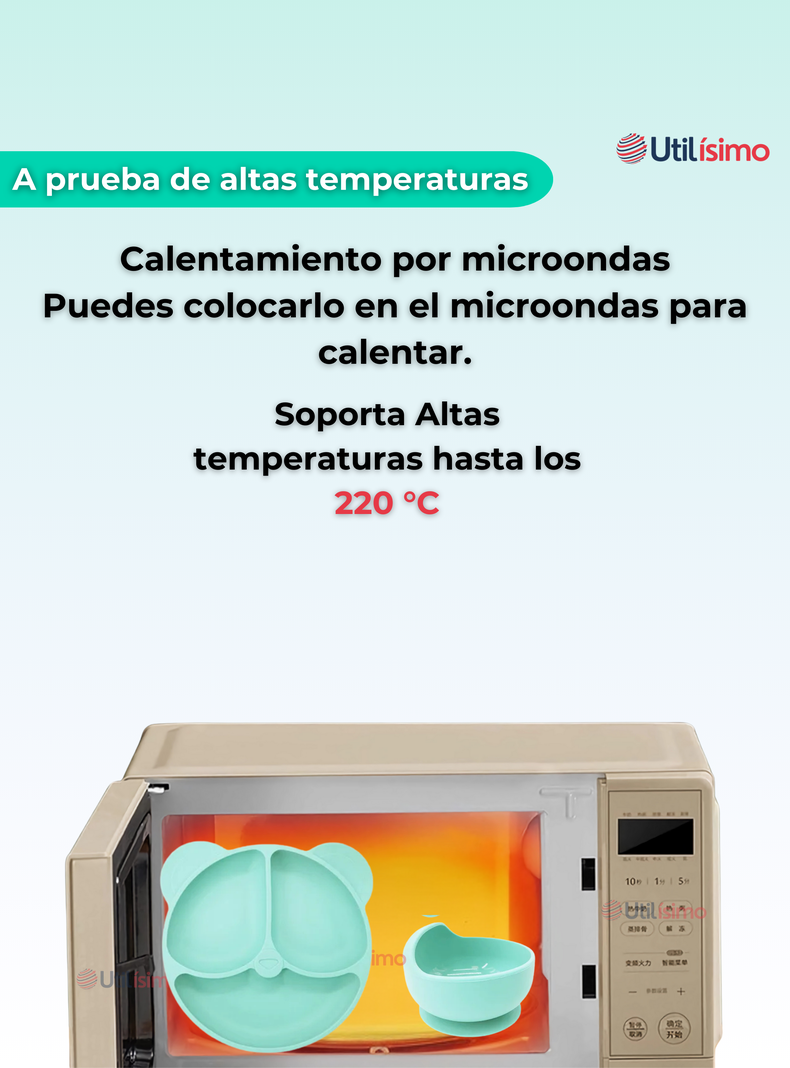Set De Alimentación Bebé Silicona De Oso 6 Piezas Libre BPA Turquesa-2