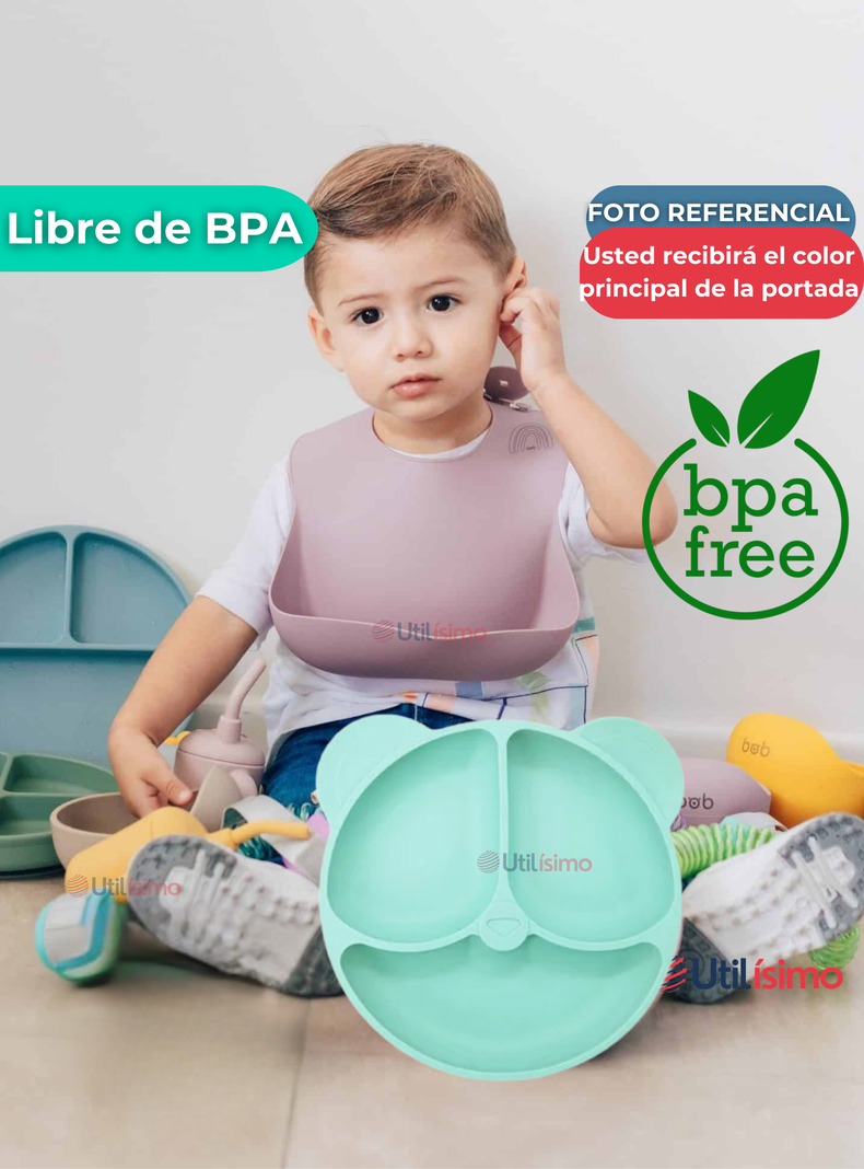 Set De Alimentación Bebé Silicona De Oso 6 Piezas Libre BPA Turquesa-3