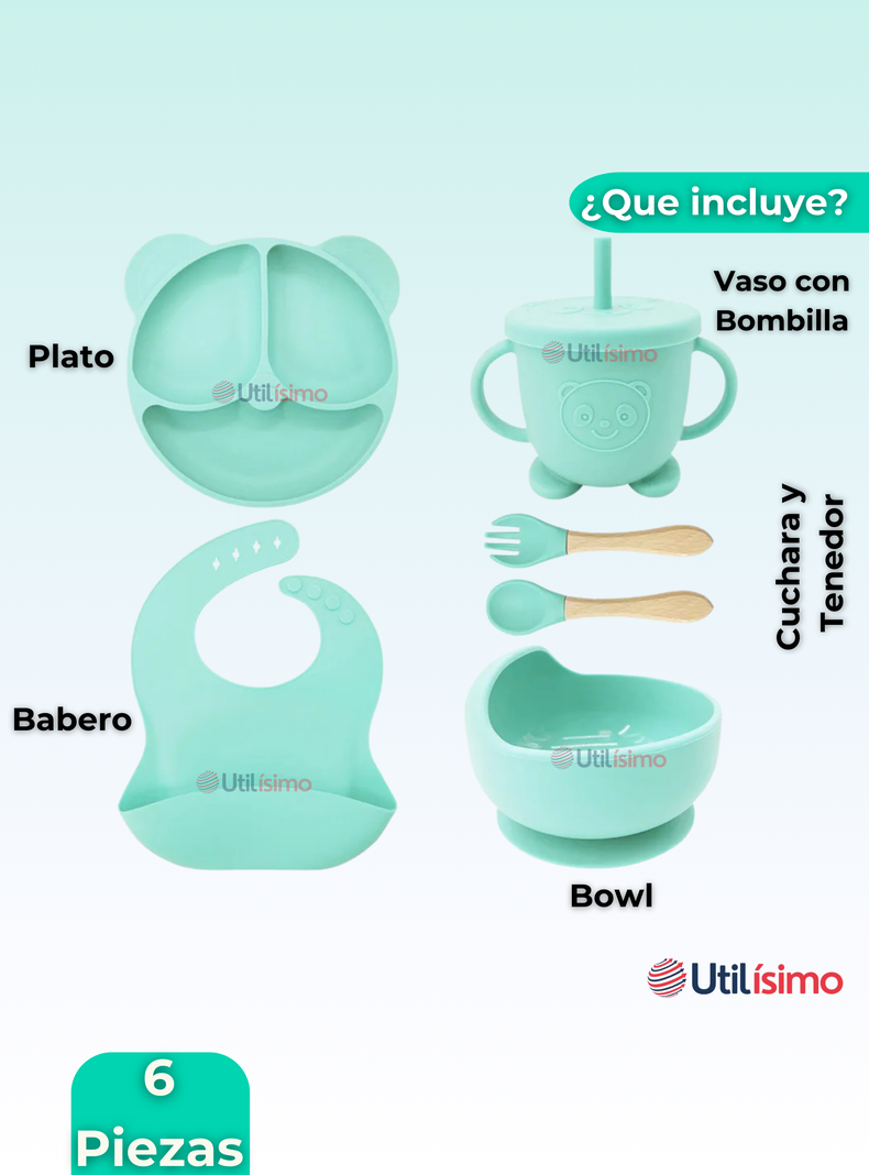 Set De Alimentación Bebé Silicona De Oso 6 Piezas Libre BPA Turquesa-5